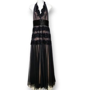 BCBGMaxAzria Black Tulle Lace Halter Gown Maxi Dress Wedding Guest Prom Party